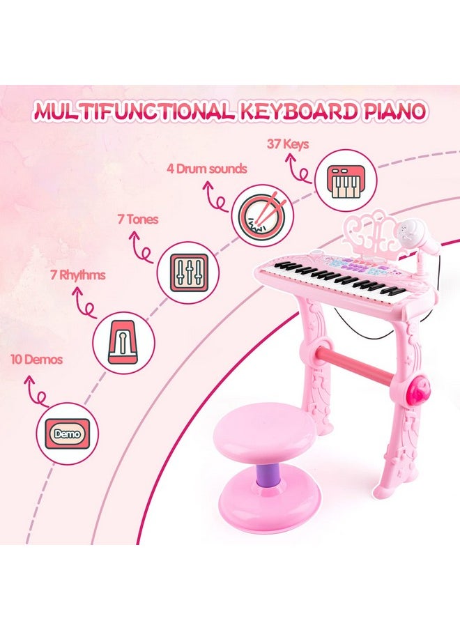 Kids Piano Keyboard Toys For 3+ Year Old Girls 37 Keys Piano For Kids With Stool And Microphone Electronic Keyboards Musical Educational Toys Birthday Gifts For Girls Age 3-6, Pink