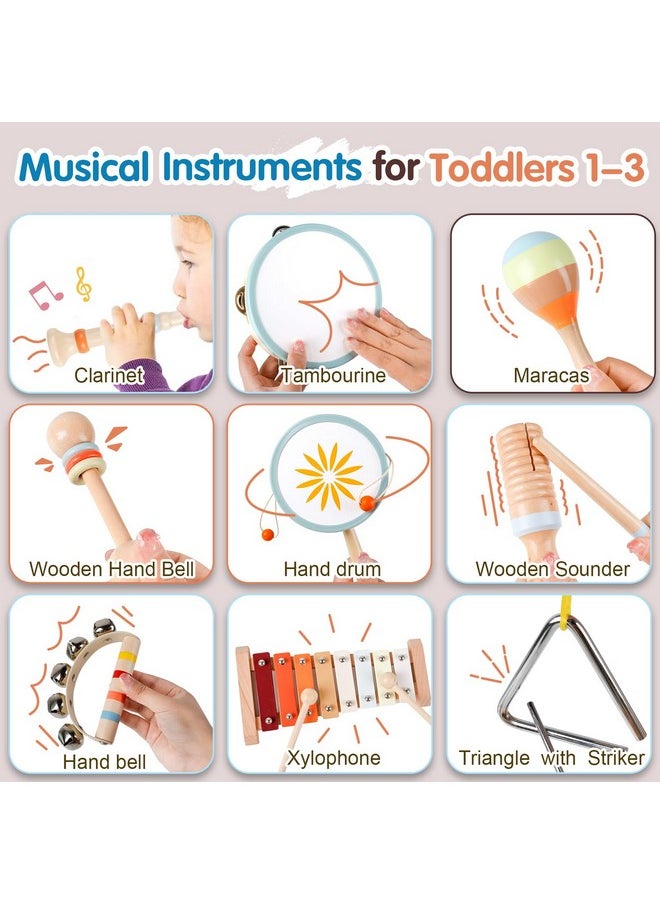 Toddler Musical Instruments-Montessori Wooden Educational Toys For Toddlers 1-3,Baby Musical Instruments,Neutral Color Musical Instruments Set With Xylophone,Maracas,Bell,Birthday Gift For Ages 1 2 3