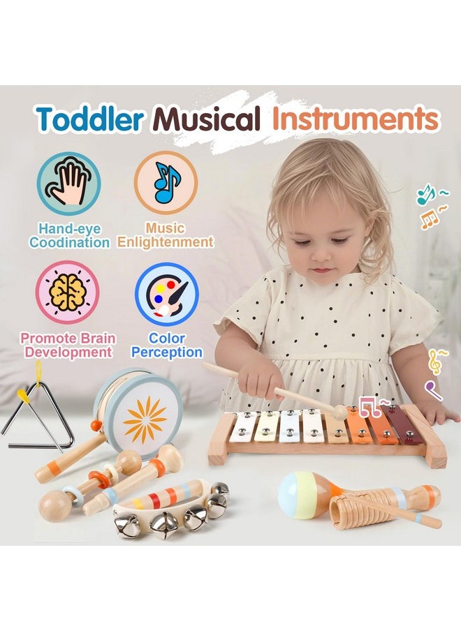 Toddler Musical Instruments-Montessori Wooden Educational Toys For Toddlers 1-3,Baby Musical Instruments,Neutral Color Musical Instruments Set With Xylophone,Maracas,Bell,Birthday Gift For Ages 1 2 3