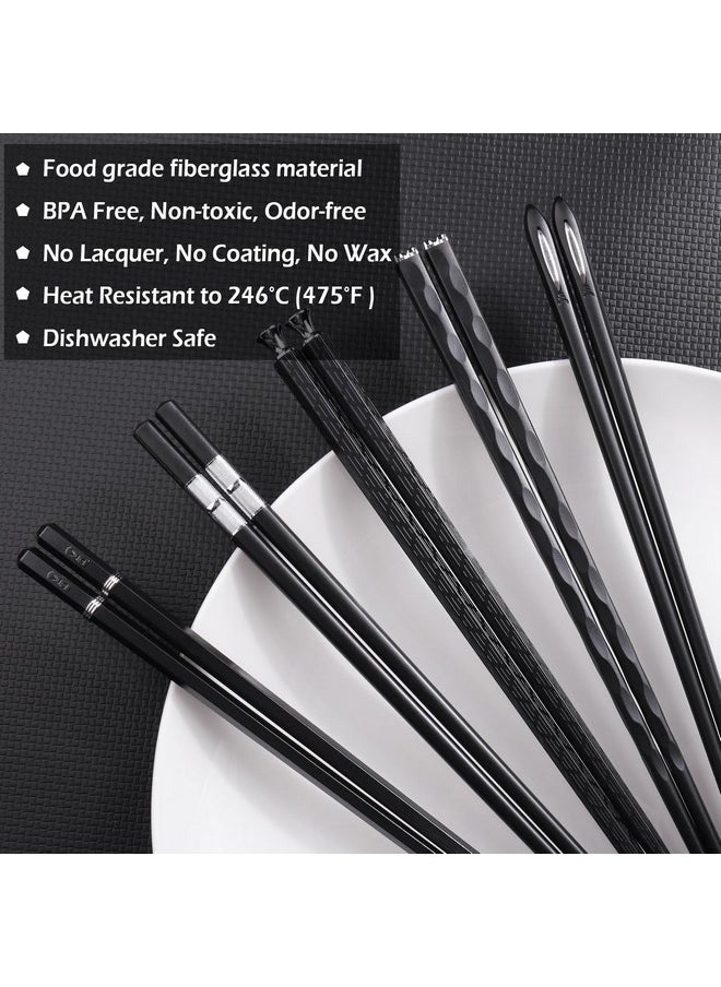 5 Pairs Premium Chopsticks Reusable Dishwasher Safe 9.5 Inch Fiberglass Chop Sticks Gift Set Non Slip Black + Silver