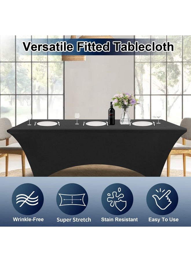 Spandex Black Table Covers 6Ft Fitted Table Clothes For 6 Foot Rectangle Tables, Elastic Massage Stretch Wrinkle Free Tablecloth For Party, Wedding, Birthday, Vendor Stand, 2 Pack