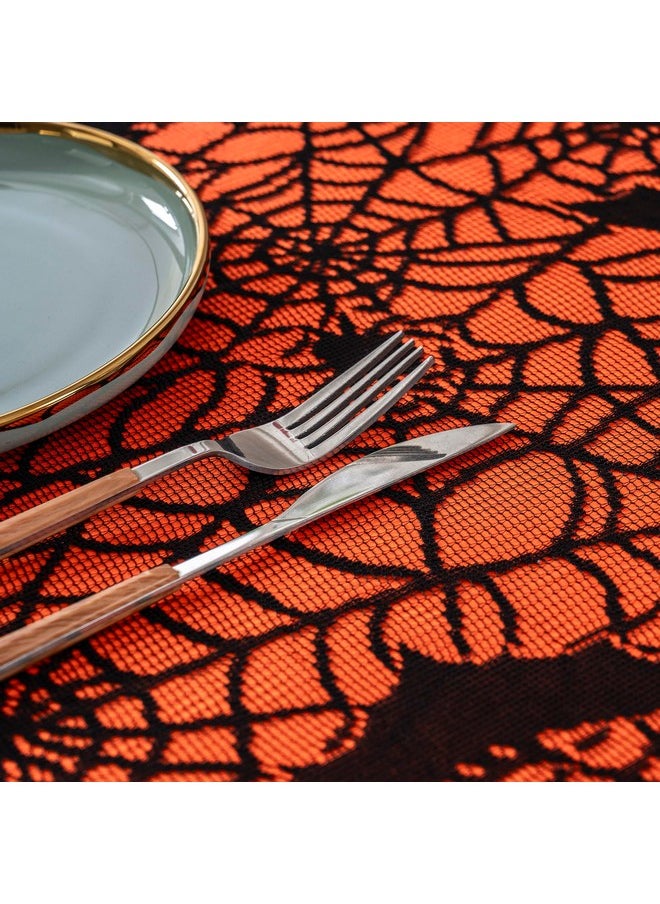 Halloween Tablecloth - Orange Table Cloth & Black Lace With Bat Spider Decor Overlay, 60