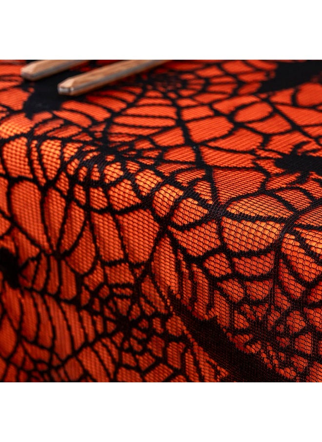 Halloween Tablecloth - Orange Table Cloth & Black Lace With Bat Spider Decor Overlay, 60