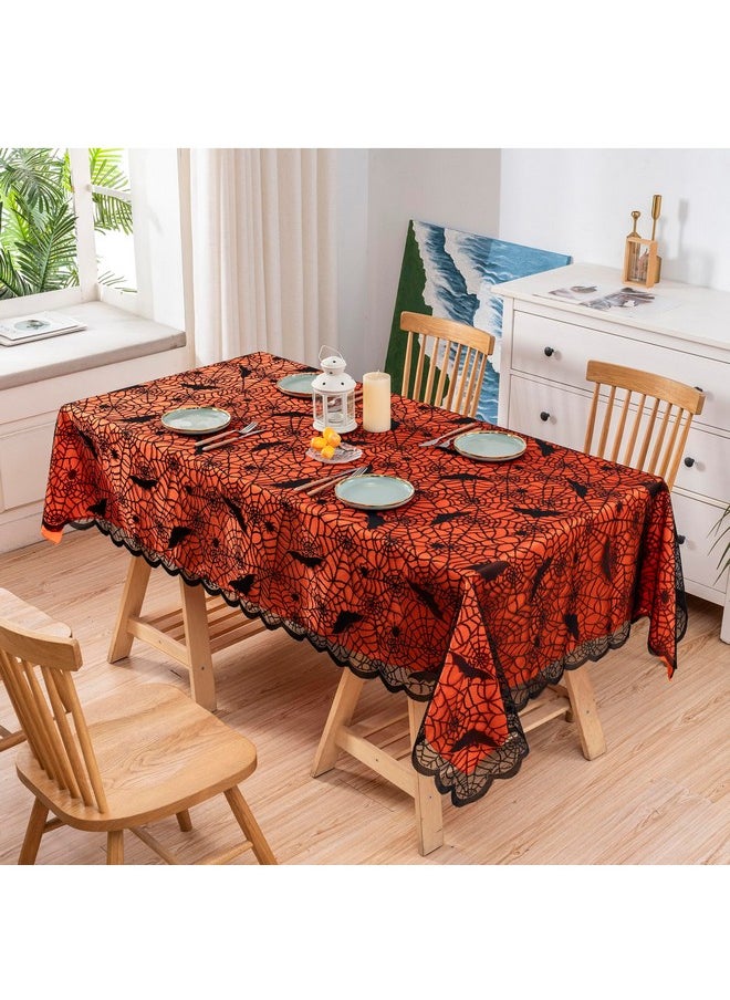 Halloween Tablecloth - Orange Table Cloth & Black Lace With Bat Spider Decor Overlay, 60