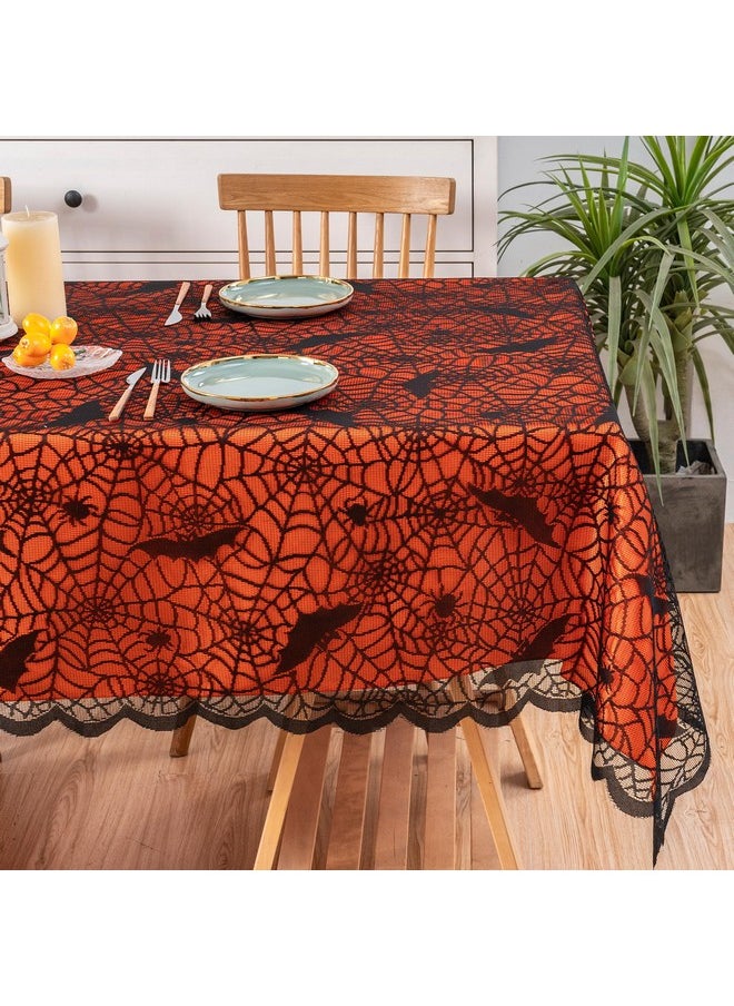 Halloween Tablecloth - Orange Table Cloth & Black Lace With Bat Spider Decor Overlay, 60