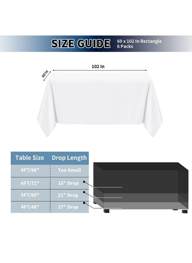 6 Pack White Table Cloths 60 X 102 Inch, Stain And Wrinkle Resistant Table Linen For 6 Ft Rectangle Table, Polyester Table Covers For Dining Table, Wedding, Party, Banquet And Camping