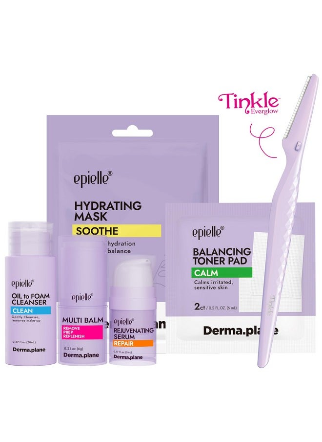 & Tinkle Complete Safe Dermaplane Starter Kit: Safe Facial Renewal System Cleanser, Multi-Balm, Dermaplane Tool, Hydrating Mask & Serum, Peach Fuzz Removal Stocking Stuffer Dermaplaning Kit