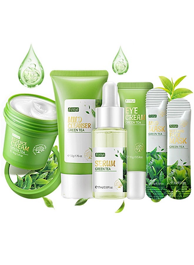 Green Tea Skincare Set, Hydrated Skincare Gift Set For Women Skin Care Kit With Cleanser, Toner, Serum, Cream, Lotion, Eye Cream, Skincare Starter Kit For Women Hydrating Skin