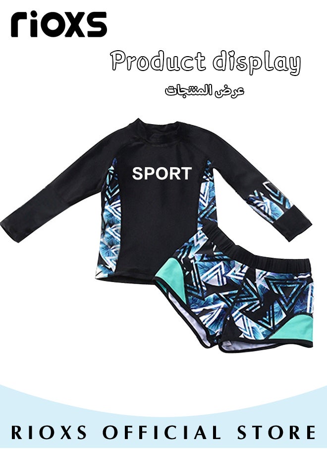 Kids Boys' 3-Piece Swimwear,Long Sleeve Rash Guard Swimsuit With Sun Protection Caps For Boys,Moisture-wicking Breathable Bathing Swimwear,Quick-drying Swimwear For Beach Surfing Diving Swimming