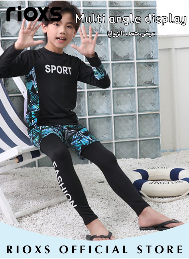 Kids Boys' 3-Piece Swimwear,Long Sleeve Rash Guard Swimsuit With Sun Protection Caps For Boys,Moisture-wicking Breathable Bathing Swimwear,Quick-drying Swimwear For Beach Surfing Diving Swimming