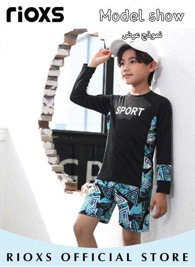 Kids Boys' 3-Piece Swimwear,Long Sleeve Rash Guard Swimsuit With Sun Protection Caps For Boys,Moisture-wicking Breathable Bathing Swimwear,Quick-drying Swimwear For Beach Surfing Diving Swimming