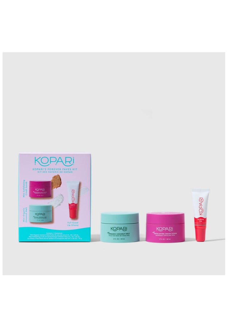 Kopari Forever Faves Bundle | Mini Organic Coconut Melt, Exfoliating Mini Coconut Crush Scrub, Clear Moisturizing Lip Glossy | Body and Lip Kit to Soothe and Hydrate Dry Skin | Cruelty Free, Vegan