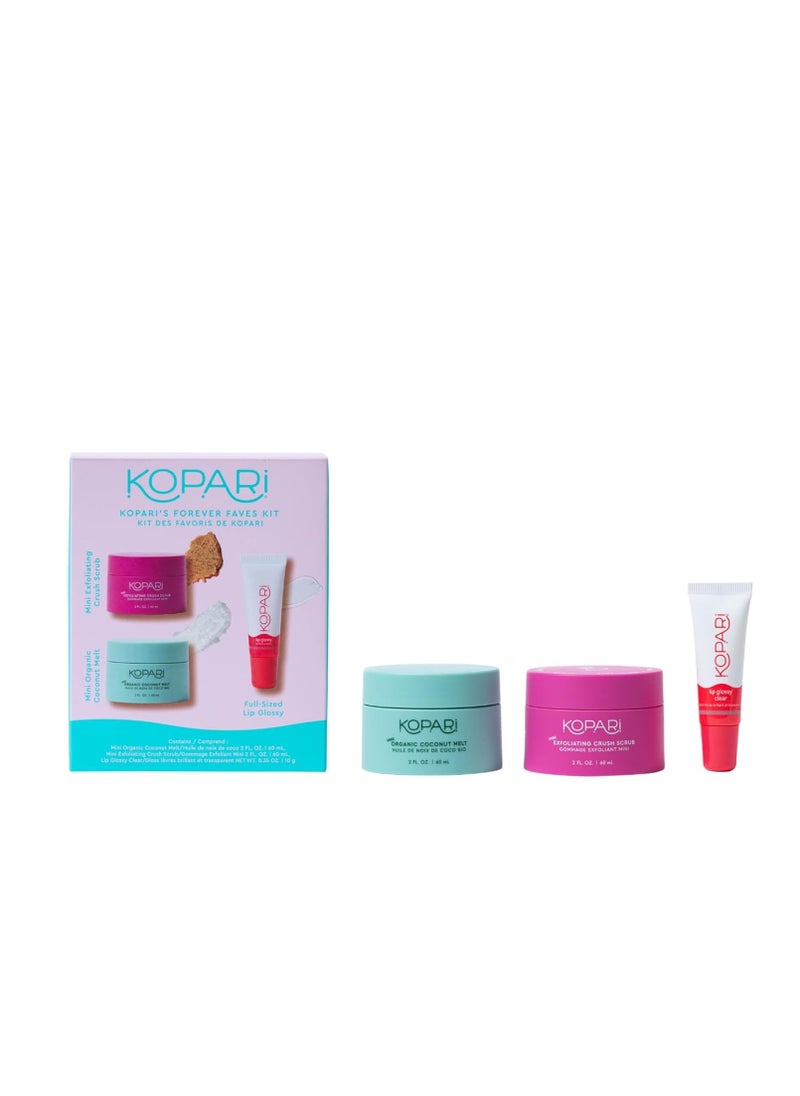 Kopari Forever Faves Bundle | Mini Organic Coconut Melt, Exfoliating Mini Coconut Crush Scrub, Clear Moisturizing Lip Glossy | Body and Lip Kit to Soothe and Hydrate Dry Skin | Cruelty Free, Vegan