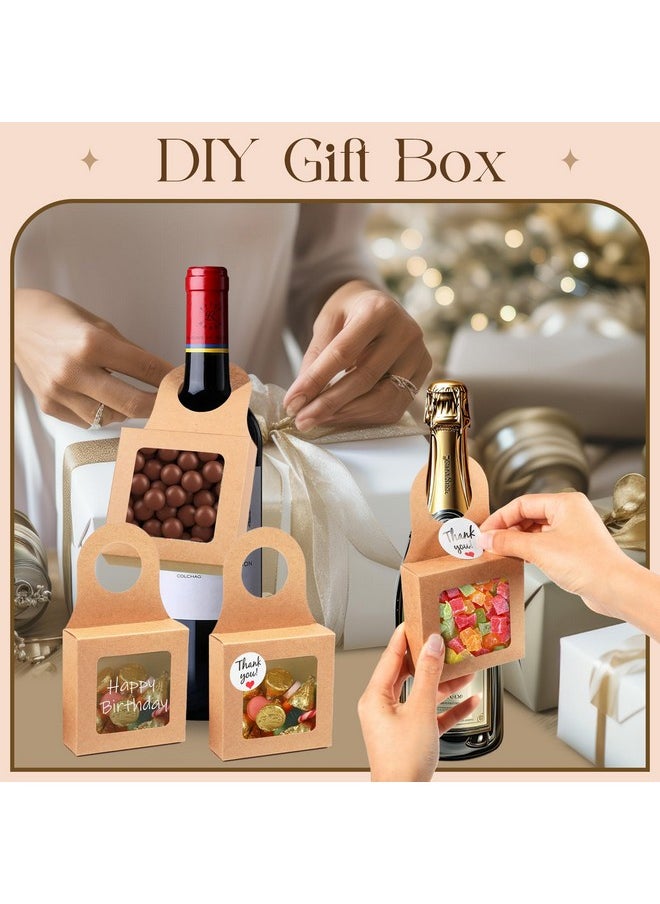 20Pcs Wine Bottle Box With Window, Kraft Paper Wine Boxes For Gifts Hanging Wine Treat Box With Thank You Stickers Wine Champagne Bottles Box Empty Candy Box For Party Favor, Brown Square