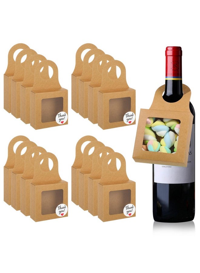 20Pcs Wine Bottle Box With Window, Kraft Paper Wine Boxes For Gifts Hanging Wine Treat Box With Thank You Stickers Wine Champagne Bottles Box Empty Candy Box For Party Favor, Brown Square