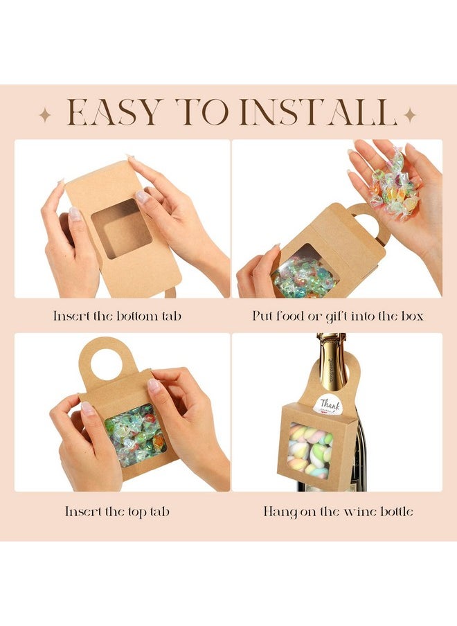 20Pcs Wine Bottle Box With Window, Kraft Paper Wine Boxes For Gifts Hanging Wine Treat Box With Thank You Stickers Wine Champagne Bottles Box Empty Candy Box For Party Favor, Brown Square