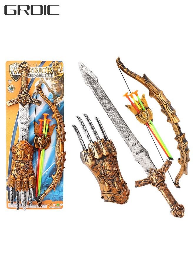 4PCS Bronze Simulation Children Bow and Arrow Combat Model Set Toy Medieval Knight Suit for Kids Cosplay Role Play Dress Up Pretend Play Toys