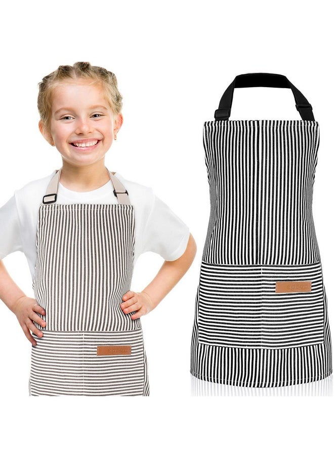 2 Pcs Kids Apron Adjustable Chef Apron Cotton Toddler Cooking Stripe Apron With 2 Pockets For Children Baking(Black, Brown)