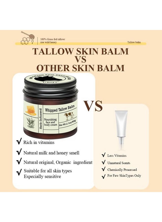 Beef Tallow For Skin - Organic Grass-Fed Whipped Beef Tallow And Honey Balm - Deeply Moisturizing For Face & Body - Natural Skin Care For Soft, Supple Skin