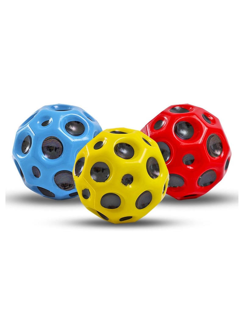 3 Pack Space Moon Balls – Super High Bouncing Meteor Balls with Pop Sounds | Rubber Bounce Balls for Kids & Adults, Sport Training Ball for Indoor & Outdoor (Red, Yellow, Blue)