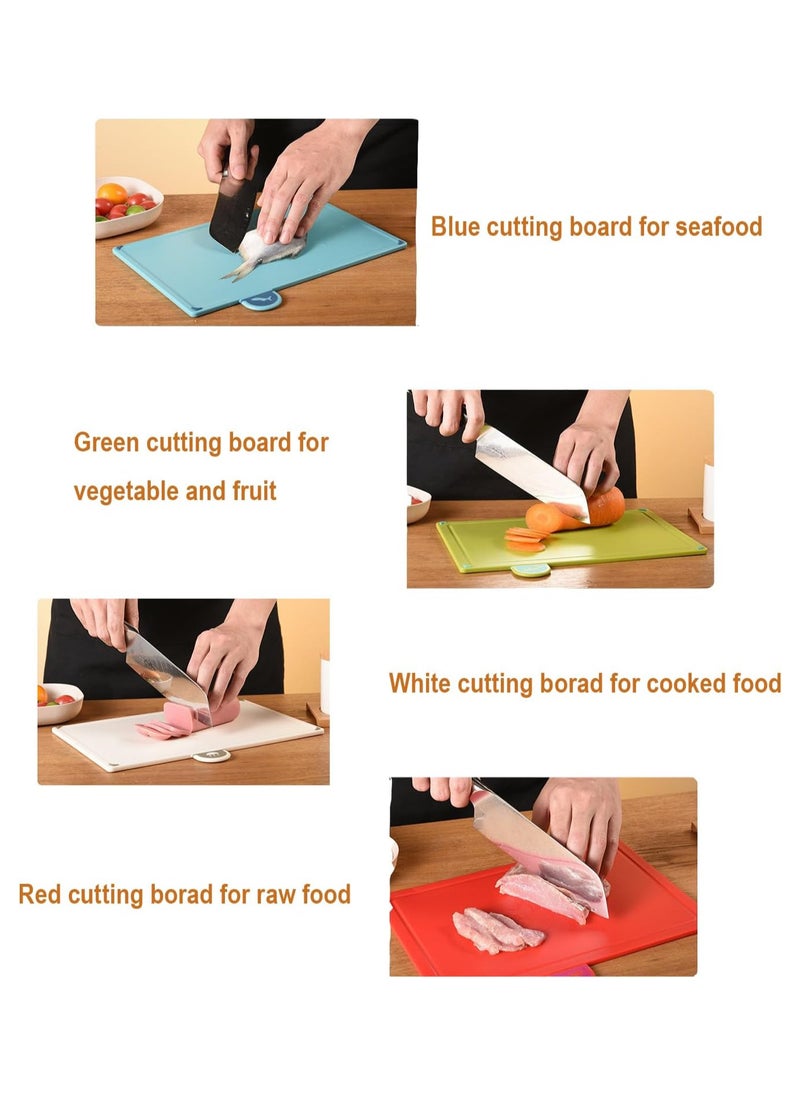 Cutting Boards, 4pcs Chopping Board Kit with Drainage Holder Stand and Easy Gripped Handle Color Marked Cutting Boards Non slip Durable Kitchen Food Cutting Mats Set for Meat Fruit Vegetable Fish