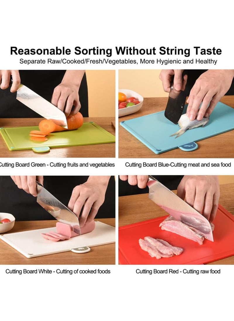 Cutting Boards, 4pcs Chopping Board Kit with Drainage Holder Stand and Easy Gripped Handle Color Marked Cutting Boards Non slip Durable Kitchen Food Cutting Mats Set for Meat Fruit Vegetable Fish