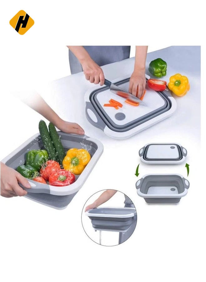 Collapsible Cutting Board with Colander | Washing Basket for CampingPicnicBBQ | Foldable Multi-function Kitchen Plastic Silicone Dish Tub | Chopping Board