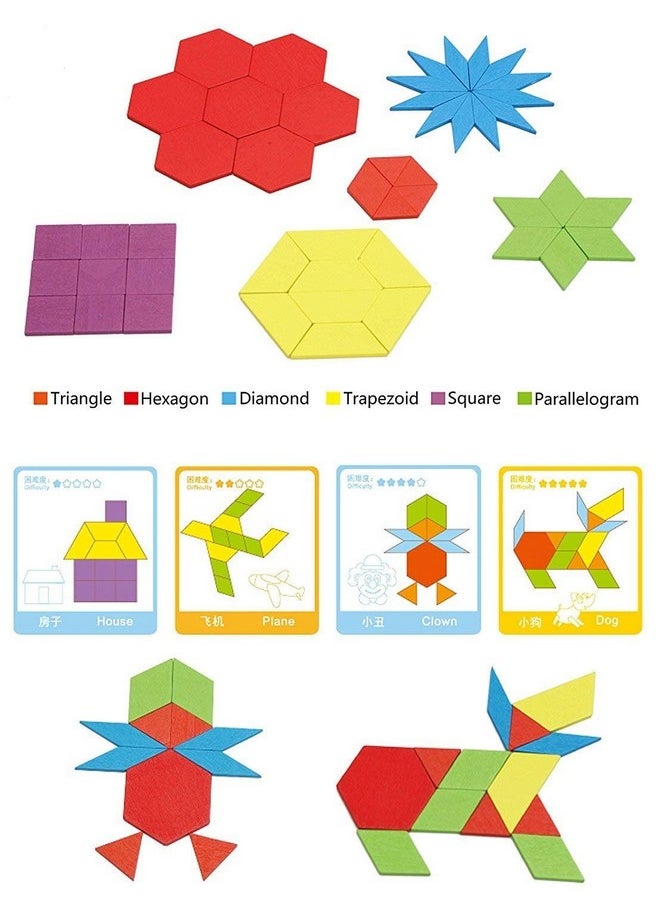 Wooden Pattern Blocks For Various Puzzles And Innovative Shapes With Illustration Cards