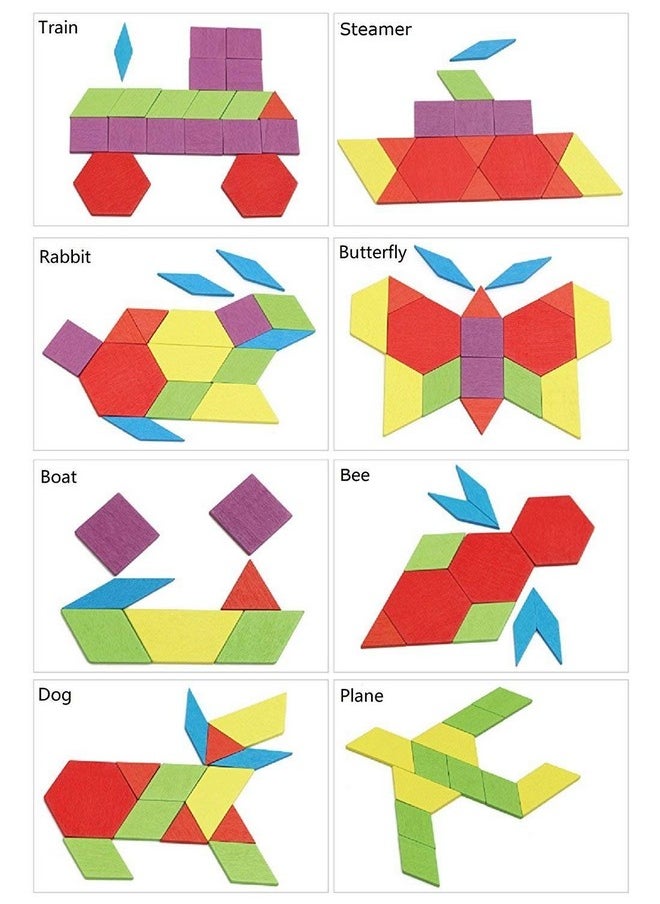 Wooden Pattern Blocks For Various Puzzles And Innovative Shapes With Illustration Cards