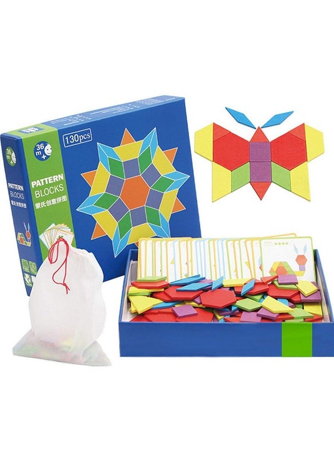 Wooden Pattern Blocks For Various Puzzles And Innovative Shapes With Illustration Cards