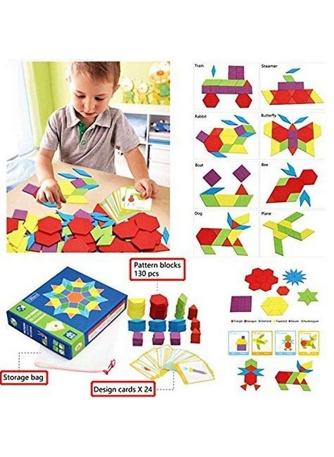 Wooden Pattern Blocks For Various Puzzles And Innovative Shapes With Illustration Cards