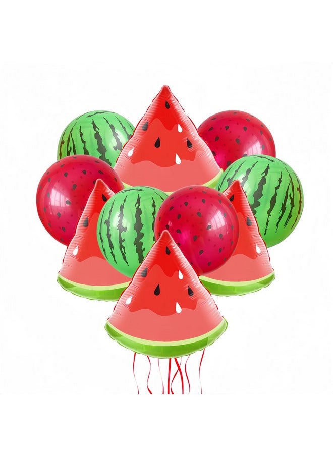 10Pcs Watermelon Foil Balloons/Watermelon Latex Balloons Green Red/Red Green Watermelon Seed Balloon/Watermelon Theme Birthday Party/Cartoon Fruit Foil Balloons For Summer Party/Baby Shower