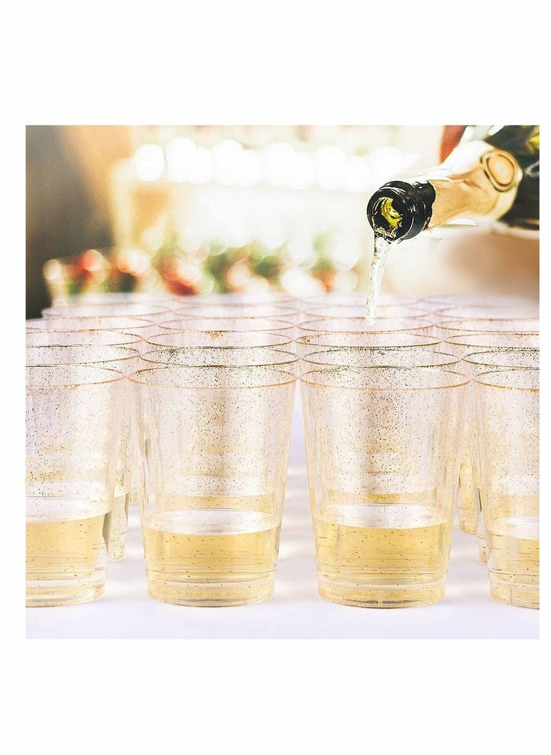 Gold Plastic Cups, 25pcs Gold Plastic Cups,  10Oz Clear Plastic Cups Tumblers, Disposable Gold Glitter Plastic Cups, Clear Plastic Cups Tumblers, Wedding,Thanksgiving, Party Cups