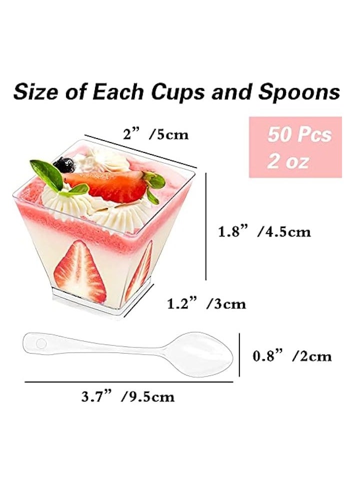 Dessert cups, plastic cups, 2 oz / 60ml plastic dessert cups with 50 soup spoons, KASTWAVE reusable plastic dessert cups for Desserts, Appetizers, Puddings, Mousse, and More(50 Pack)