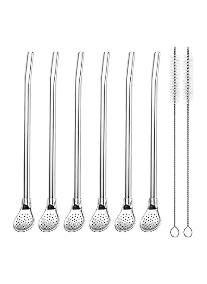 Reusable Stainless Steel Drinking Straws with Filter Spoon 6 Pieces with 2 Pieces Cleaning Brushes Set