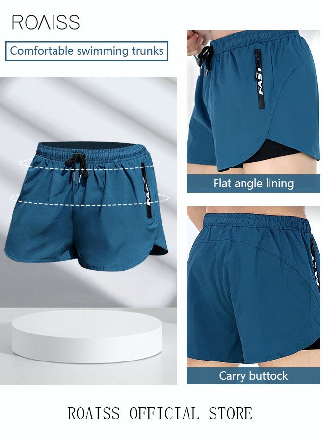 Men's Swimming Trunks Beachwear Quick Dry Double Layer Beach Pants Gym Wear Fitness Workout Short Sports Running Boxer Swim Shorts Swimsuit Summer Blue