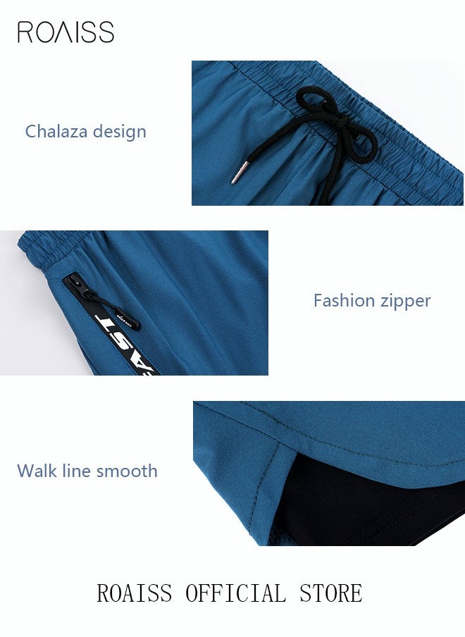 Men's Swimming Trunks Beachwear Quick Dry Double Layer Beach Pants Gym Wear Fitness Workout Short Sports Running Boxer Swim Shorts Swimsuit Summer Blue