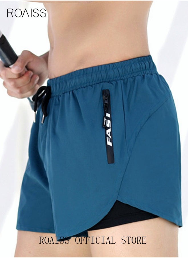 Men's Swimming Trunks Beachwear Quick Dry Double Layer Beach Pants Gym Wear Fitness Workout Short Sports Running Boxer Swim Shorts Swimsuit Summer Blue