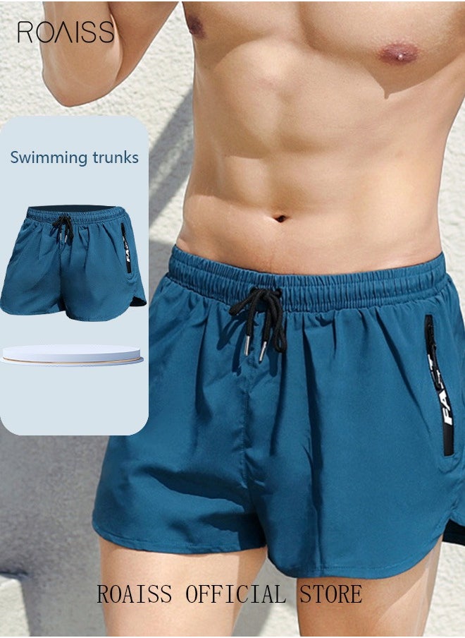 Men's Swimming Trunks Beachwear Quick Dry Double Layer Beach Pants Gym Wear Fitness Workout Short Sports Running Boxer Swim Shorts Swimsuit Summer Blue
