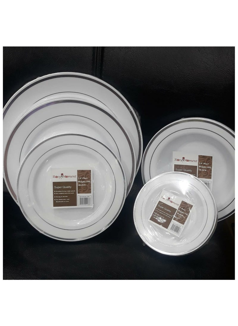 50 Pcs Silver Disposable Dinner ware Set for outing and Guest Sizes Plate 7inch(10Pcs), Plate 9 inch(10Pcs), Plate 10inch(10Pcs), Bowl 4inch(10Pcs), Bowl 7inch(10Pcs) Plates Set.