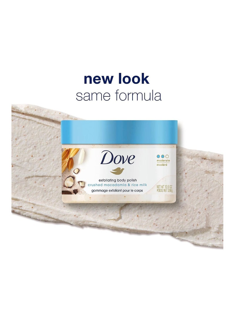 Dove Exfoliating Body Polish Scrub Reveals Visibly Smoother Skin Macadamia and Rice Milk Body Scrub That Nourishes Skin 10.5 oz