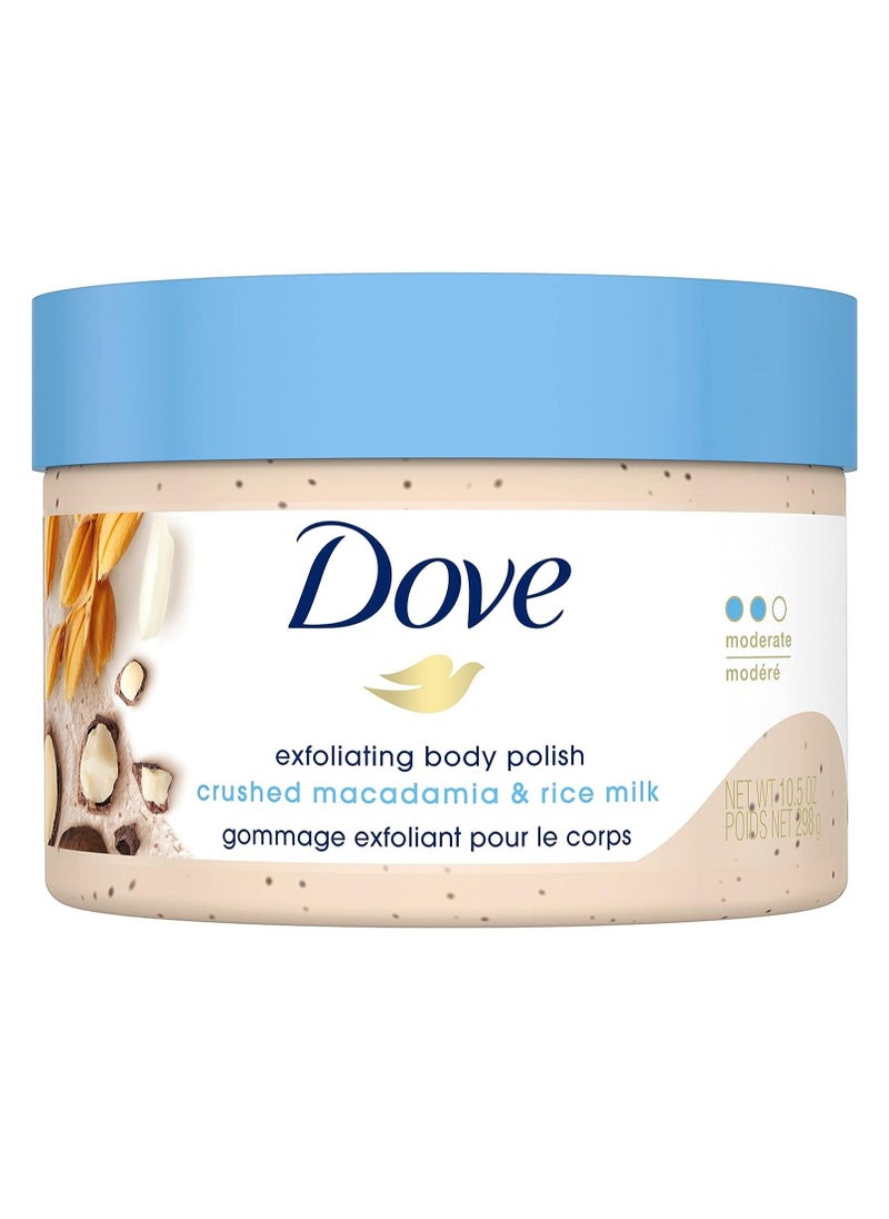 Dove Exfoliating Body Polish Scrub Reveals Visibly Smoother Skin Macadamia and Rice Milk Body Scrub That Nourishes Skin 10.5 oz