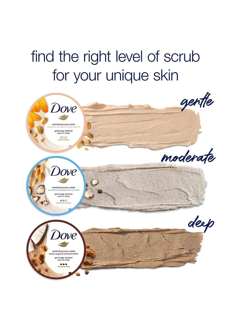 Dove Exfoliating Body Polish Scrub Reveals Visibly Smoother Skin Macadamia and Rice Milk Body Scrub That Nourishes Skin 10.5 oz