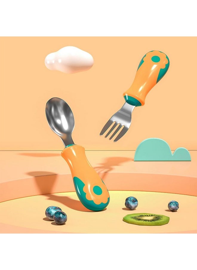 Steel Spoon & Fork Set For Babies With Soft Silicone Handle | Non Toxic, Food Safe And Bpa Free | Washable And Reusable.