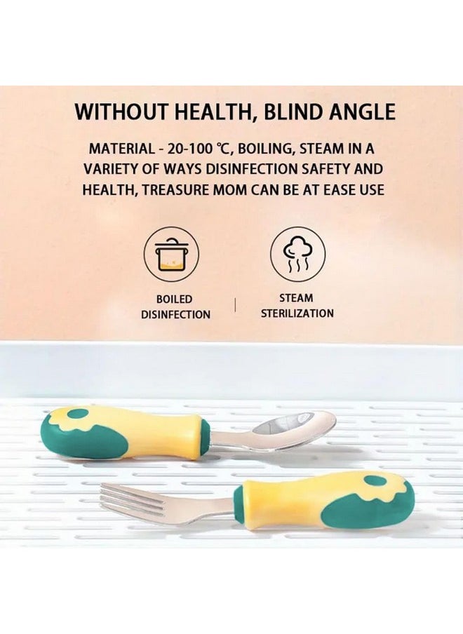 Steel Spoon & Fork Set For Babies With Soft Silicone Handle | Non Toxic, Food Safe And Bpa Free | Washable And Reusable.