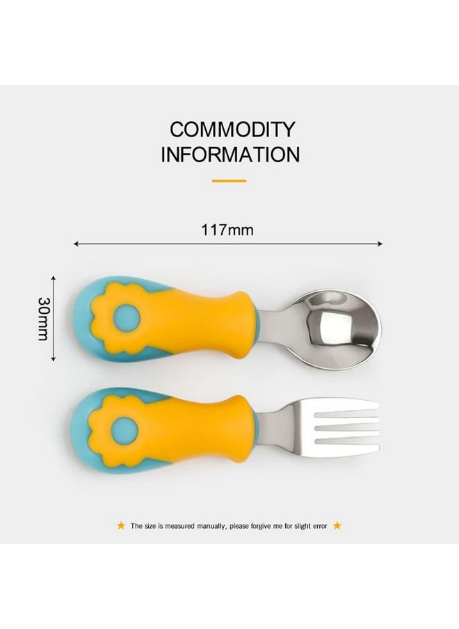 Steel Spoon & Fork Set For Babies With Soft Silicone Handle | Non Toxic, Food Safe And Bpa Free | Washable And Reusable.