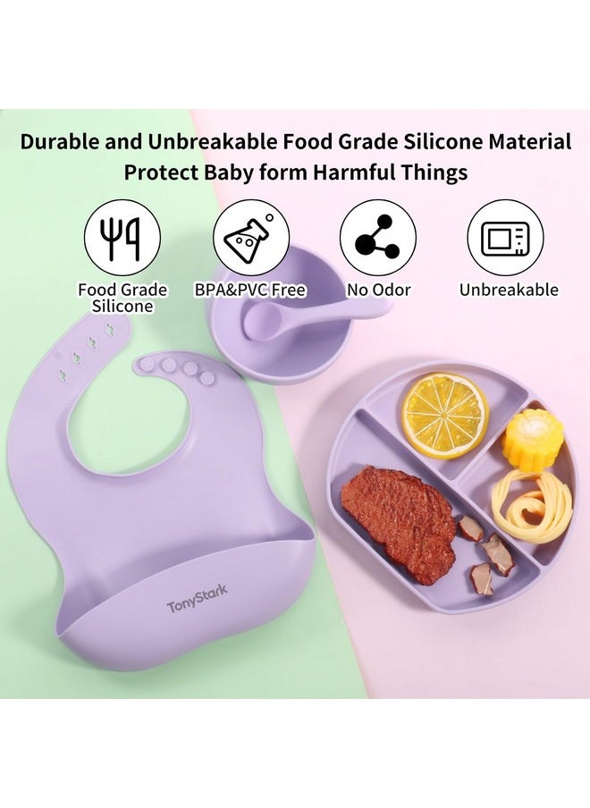 7 Pcs Silicone Baby Feeding Set Bpa-Free,Microwave Safe,Anti-Slip Base | Complete Tableware Kit For Babies & Toddlers With Suction Plate,Bowl,Cup, Spoon,Fork & Bib (Lavender)