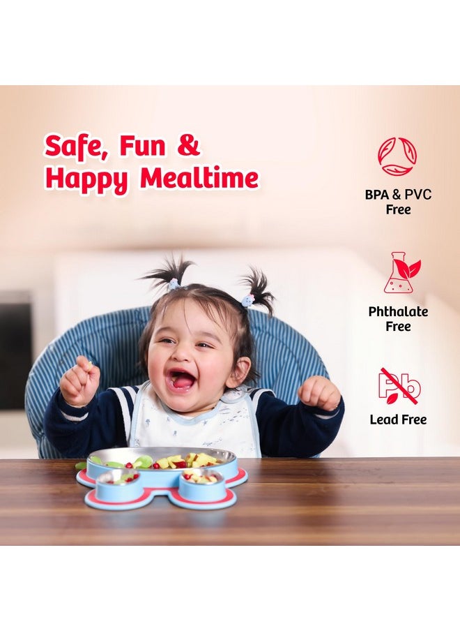 Hoppy Playte Anti Skid Stainless Steel Divided Plate Red - 2 Years Brand Warranty | Unbreakable 3 Sections Self Feeding Training Divider Plate For Baby/Toddlers And Kids - 430Ml