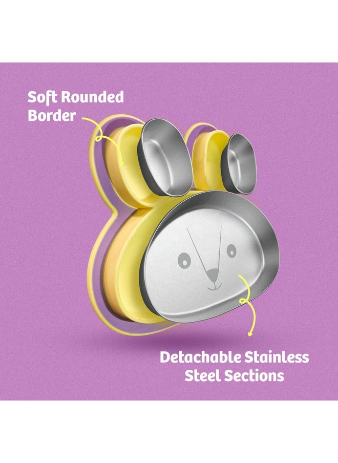 Hoppy Playte Anti Skid Stainless Steel Divided Plate Purple - 2 Years Brand Warranty | Unbreakable 3 Sections Self Feeding Training Divider Plate For Baby/Toddlers And Kids - 430Ml