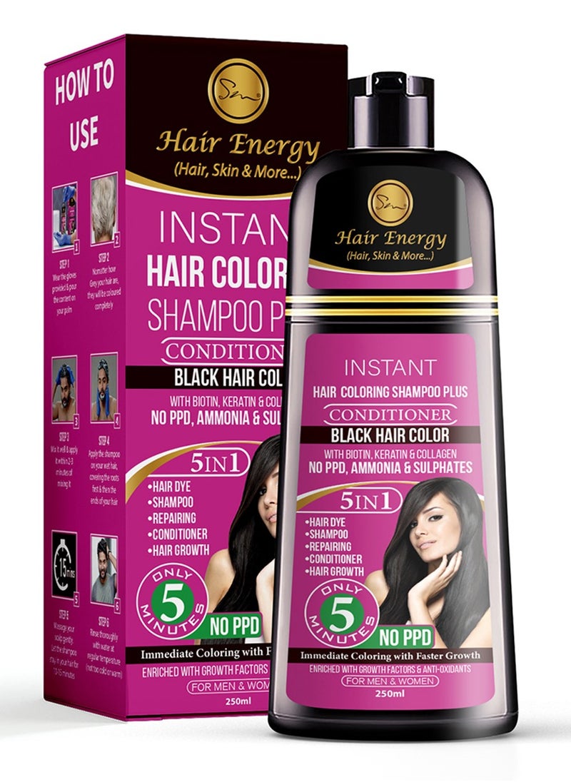 Hair Energy Instant Hair Coloring Shampoo + Conditioner | 100% Grey Coverage | 5-in-1 Hair Care Solution | Natural & Gentle| With Biotin, Keratin & Collagen | Reduces Frizz | Black Color | 250 ml